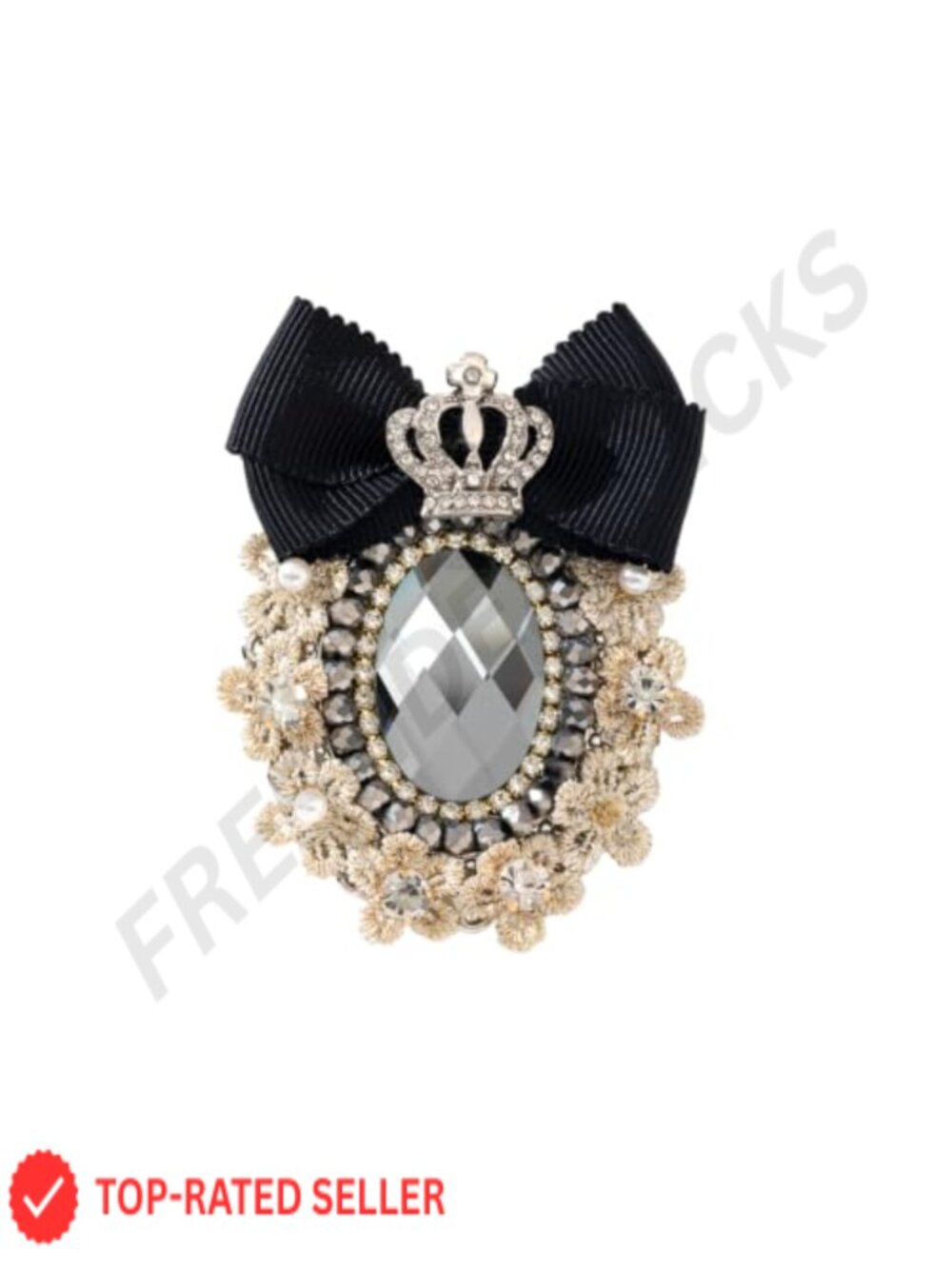 Vintage Black Bow Crown Brooch with Rhinestone Women's Pin
